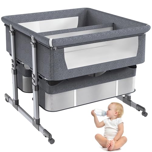 Cama para Bebé Gemela,Cuna de colecho con Colchón con 6 Ajustes de Altura,Plegable Cuna de Noche con Rampa Antirreflujo,Separador Extraíble y Ruedas Silenciosas,para Bebés de 0 a 3 Años (Gris)