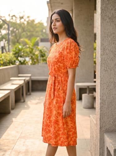 Image of HELLCAT Women Floral Fit & Flare Midi Dress | Round Neck, Puff Short Sleeve, Waist Tie-Up Belt | Casual Brunch Wear, Western One Piece, A-Line Long Frock, Summer Party Outfit