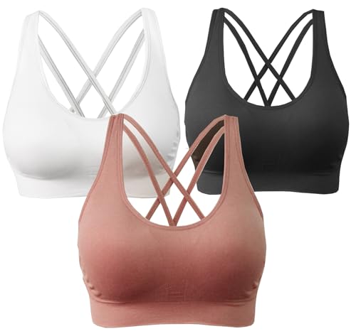 Image of AKAMC Women's Cross Back Sport Bras,Adjustable Straps Padded Criss Cross Cropped Bras for Yoga Workout Fitness