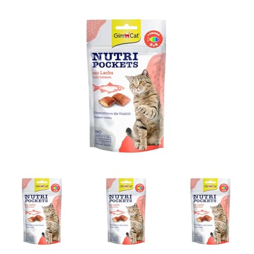 GimCat Nutri Pockets con Salmón - Snack crujiente para Gatos con Relleno cremoso e Ingredientes funcionales - 1 Bolsa (1 x 60 g) (Paquete de 4)
