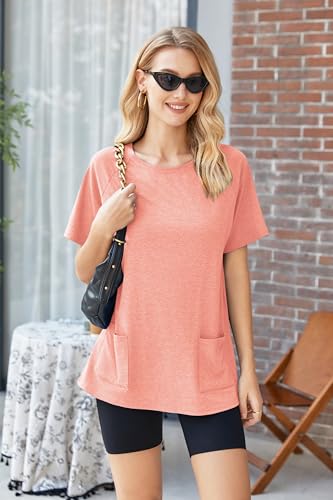 Image of Ekouaer Two Piece Sets for Women Summer Outfits 2026 Lounge Set Crew Neck Tshirts Biker Short Sweatsuit with Pocket