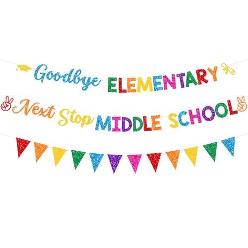 JKQ カラフル キラキラ さよなら 小学校 ネクスト ストップ 中学校 バナーとキラキラ ペナントバナー 5年生 卒業バナー クラス 2025 小学校卒業 パーティー 暖炉 マントル デコレーション