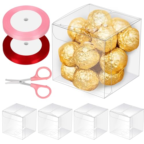 Glarks Set di 33 Scatole Portaconfetti in Plastica Trasparente da 7,6 x 7,6 x 7,6 cm, Scatole Regalo Cubo con Nastri da 1 cm x 22,5 m e Forbici per Matrimonio, Festa di Nascita, Compleanno