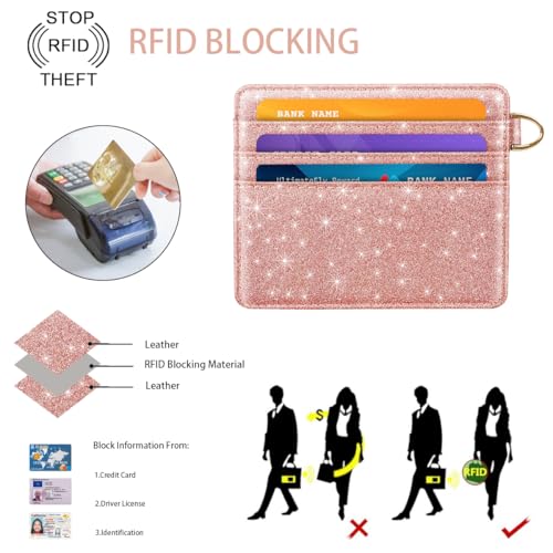 Image of Slim Minimalist Pocket Credit Card Holder Wallet Women | RFID Blocking Lightweight Thin Small Cute Card Cases, Glitter Rose Gold