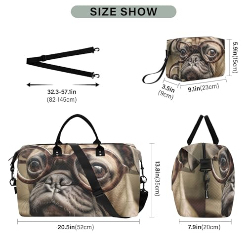Large Travel Duffel Bag, Pug Dog with Glasses Sports Tote Gym Bag, Shoulder Weekender Overnight Bag for Women Men, Carry On Luggage with Toiletry Bags3