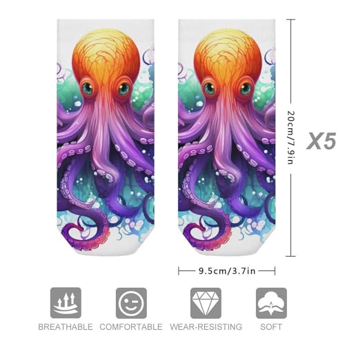 5 Pairs of Cotton Ankle Socks for Women Men Colorful Octopus Low Cut Socks for Running Hiking No Show Athletic Sock2