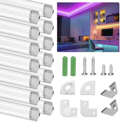 Profile Aluminium LED Angle 45°, 14 x 1M/3.3ft V-Shape avec Couvercle Blanc laiteux Transparent, Embouts et Clips de Montage en Métal, Compact et facile à couper et à installer pour Ruban LED (Argent)