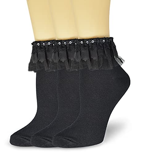 Image of Women Ankle Socks Lace Ruffle Frilly Cute Princess Dress Cotton Socks for Girl 3 Pack