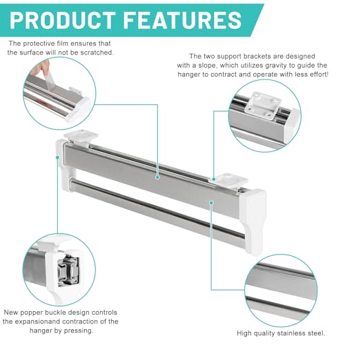 DBREAKS Extendable Clothes Rail for Pull-Out Clothes Hangers, Wardrobe Rail, Adjustable, Silver, Stainless Steel, Plastic - Image 3