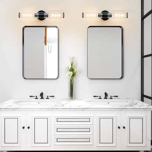 Image of Bathroom Vanity Light Fixtures, Black Wall Sconces in Threaded Glass, Modern Wall Light for Bathroom Living Room Bedroom, Hallway - Bulb Not Included
