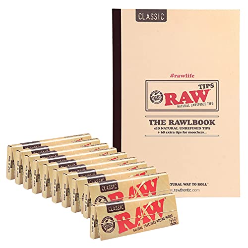 RAW Unrefined Classic 1 Â¼ Cigarette Rolling Papers Bundle Kit - 10 Packs raw Rolling Papers (50 Count) + 1 Pack of 480 RAWLBOOK Unbleached raw Tips (480 Count) Plus puflax UFO Sticker