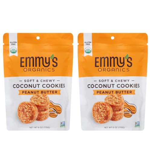 Emmy's Organics, Coconut Cookies - Peanut Butter, 6 oz (Pack of 2) | Gluten-Free Organic Cookies, Vegan, Paleo-Friendly
