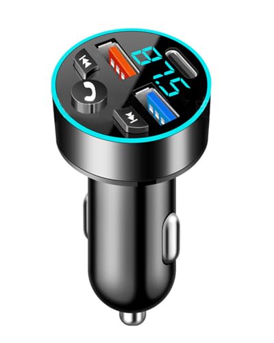 Transmisor FM Bluetooth para Coche, 4 Puertos USB (3 x 3.1A + 1 x USB A 66W), Soporte Tarjetas SD y Flash Drive, Carga Rápida, Pantalla LED de Tensión, Compatible con iPhone, Samsung, y Más
