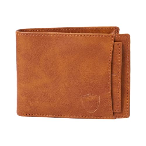 RFID Wallets for Men Slim Bifold Genuine Leather Front Pocket Wallet with 2 ID Windows (Tan)