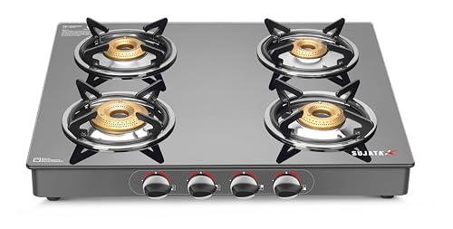Sujata Standard Gas Stove 4 Burners Glass Top | 9 Years Warranty | Manual Gas Stove for Modular Kitchen, ISI Certified, SABAF Valve, LPG & PNG Compati