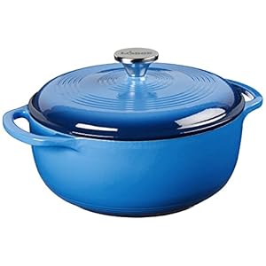 Lodge 4.5 Quart Enameled Cast Iron Dutch Oven with Lid – Dual Handles – Oven Safe up to 500° F or on Stovetop – Use to Marinate, Cook, Bake, Refrigerate and Serve – Caribbean Blue