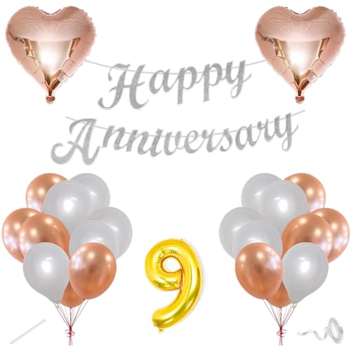 Image of Flyloons 9th Happy Anniversary Decoration Items Rose Gold White for Men Women Husband Wife Mom Dad Parent Couple Home Bedroom Car With 20 Pcs Metallic Balloons Anniversary Banner 2 Pcs Heart Set Kit