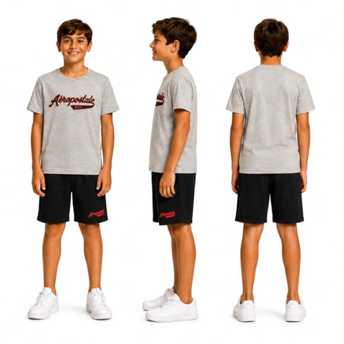Image of AEROPOSTALE Boys Athletic Shorts Set 3 Piece Graphic T Shirts Fleece Shorts | Soft Breathable Jersey Tees, Elastic Waistband, Side Pockets, Screen-print Design, Durable Stitching for School & Play