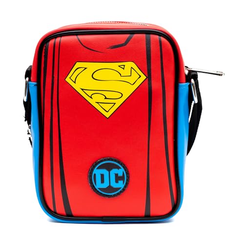 DC Comics Vegan Leather Crossbody Bag with Adjustable Straps, Superman Character Close Up with Super Logo and Belt Appliques, Blue3