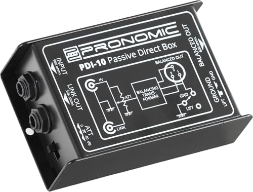 Pronomic PDI-10 passive DI-Box - DI strumentale mono a 1 canale per chitarra, basso, tastiera - uscita XLR e jack 6,35 mm through - Ground-Lift - attenuazione 0/20/40 dB pad - nero