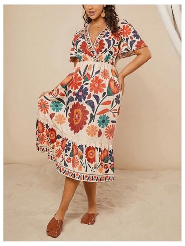 Image of Floerns Women's Plus Size Boho Hawaiian Tropical Dresses V Neck Short Sleeve Floral A Line Long Dress Vacation Beach Outfits