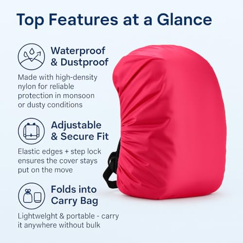 Image of Waterproof Nylon Backpack Rain & Dust Cover for 35L-50L Bags | Travel, Trekking, Hiking Bag Cover with Carry Pouch | Adjustable School & Luggage Cover (Pink -1 Pc)