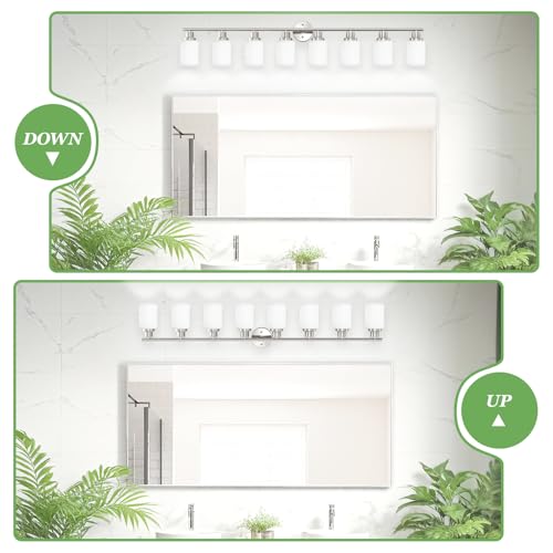 Image of 8-Light Vanity Lights, Brushed Nickel Bathroom Light Fixture with Striped Textured Milky White Glass Shade, E26 Modern Vanity Lighting Fixture for Bathroom Wall Sconce Light Over Mirror