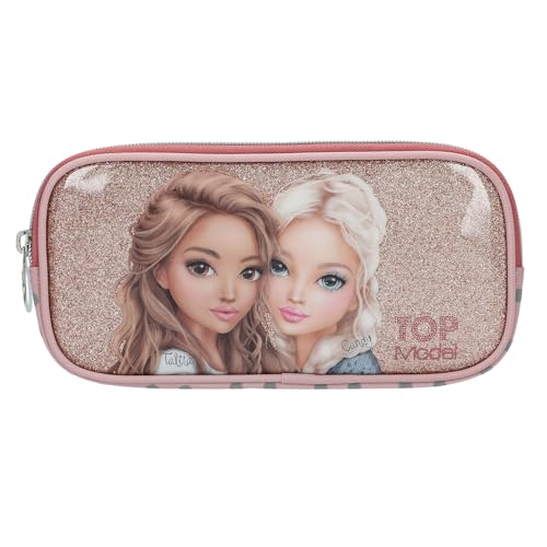 Depesche 14012 TOPModel Dots - Estuche Rosa, con Motivo de Modelo, Estampado de Lunares y Purpurina, Estuche con Bolsillo de Malla en el Exterior