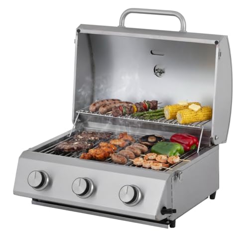 Tarrington House Barbecue à Gaz Portable CATHAN 3 Brûleurs, Acier Inoxydable, 6.6 kW, Couvercle avec Thermomètre, Allumage Piézoélectrique, Argent