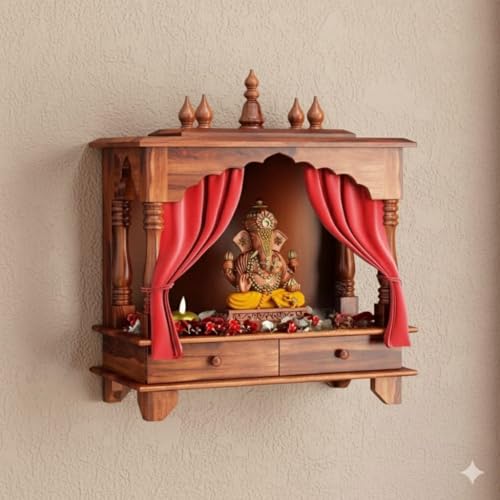 Image of MISAN Wooden Wall Mounted Temple, Traditional Indian Style, Sheesham Wood,Sheesham Wood Pooja Mandir for Home (Hony)