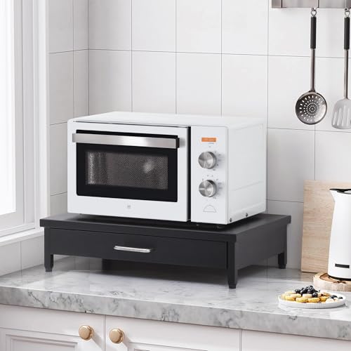 Image of Livzing Metal Microwave Oven Stand with Drawer - OTG Corner Shelf Tabletop Oven Rack Storage Cabinet Multifunctional Dish Rack Toaster Organizer Powder Coated Finish Utility - Black