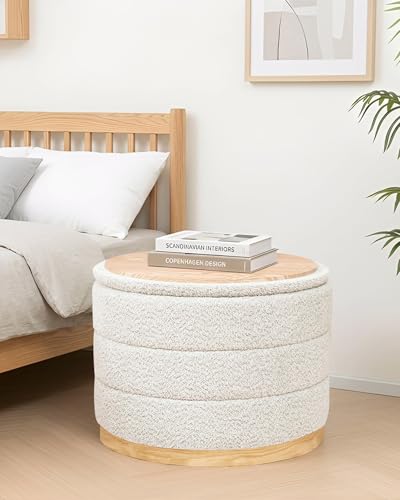PINPLUS Chenille Folding Ottoman Footstool, Round Storage Ottoman, Soft Fabric, 330 lbs Load Capacity, Large Ottoman for Living Room, Bedroom, Dorm, White by PINPLUS - Image 14