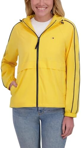 Tommy Hilfiger Women’s Windbreaker Jacket, Lightweight Hooded (Yellow, Large)