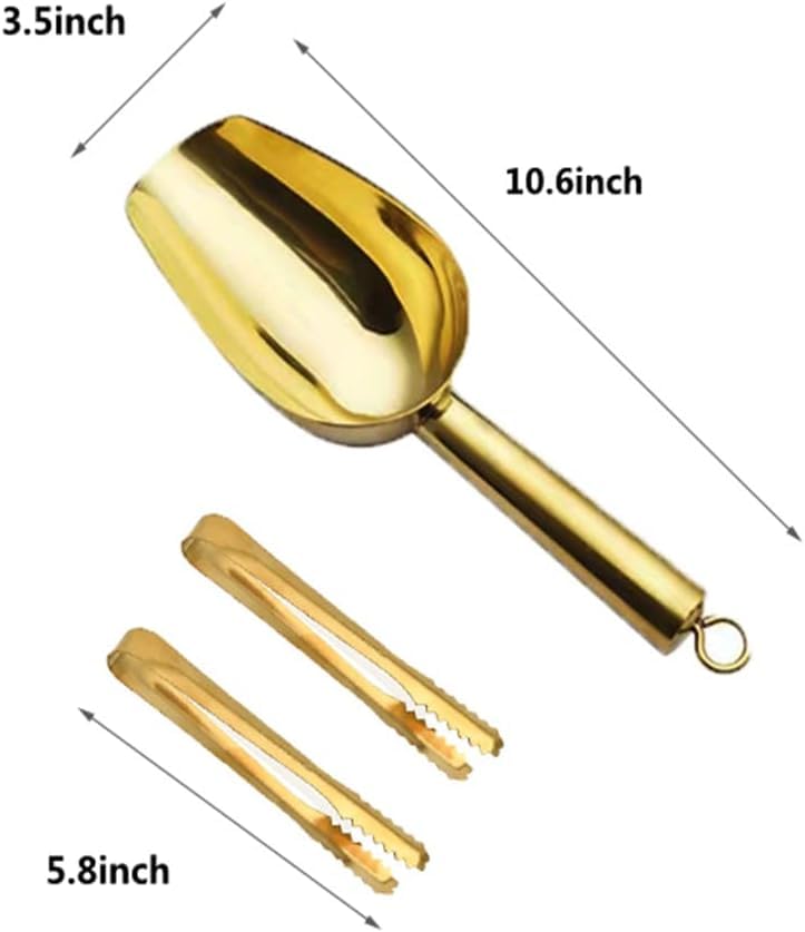 Stainless Steel Ice Scoop and Ice Tongs,Small Round Bottom Bar Ice Flour Utility Scoop 8oz& Buffet Clip 6inch Kitchen Bar BBQ Party Wedding, Gold