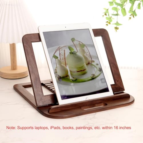 Image of Handmade Wooden Laptop Stand for Desk that is Compatible with iPad, MacBook Pro, Notebook, HP, and Dell Devices and has an Adjustable Height and Foldable Riser 15.6 inches at Most Walnut