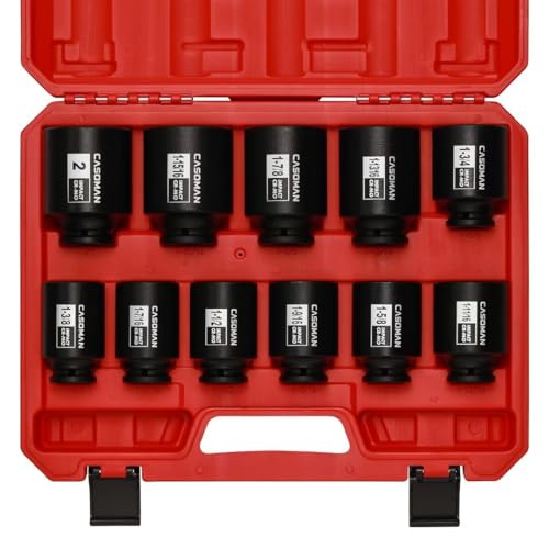 CASOMAN 11PCS 1/2-Inch Drive Large Impact Socket Set, 6 Point, 1-3/8-Inch to 2-Inch, SAE Spindle Axle Nut Impact Socket Set, CR-MO 1/2" Dr. 11pcs (1-3/8" - 2")