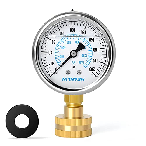 Image of MEANLIN MEASURE 0~200Psi Stainless Steel Frame 3 /4 inch Female 2.5 inch FACE DIAL Liquid Filled Pressure Gauge WOG Water Oil Air Water Pressure Test Table with Sealing Ring