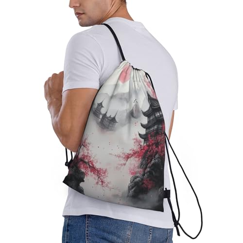 Japanese Tower Pattern Drawstring Backpack Bag - Sports Gym Sack For Women Men3