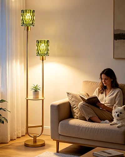 Image of Green Glass Floor Lamp with Table Shelf, Modern Gold Standing Lamp, Tall Farmhouse Floor Lamp with Foot Switch & 3000K Warm White Bulb Included for Living Room Bedroom Home Office