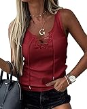 Womens Sexy V Neck Tank Shirts Top Sleeveless Casual Basic Drawstring Rib Knit Tops Wine Red