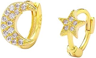Asymmetrical CZ Star Moon Small Hoop Earrings for Women Girls Sterling Silver Charms Crystal Huggie Crescent Moon Star Cartilage Clip Cuff Stud Earrings Fashion Unique Jewelry Gifts