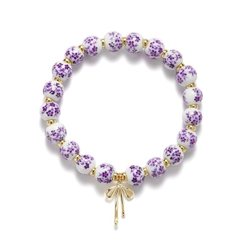 Purple Bow Charm Beaded Bracelet