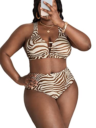 Floerns Traje de baño de cintura alta para mujer, talla grande, con abertura en la parte delantera, marrón y blanco, X-Large Más Cover