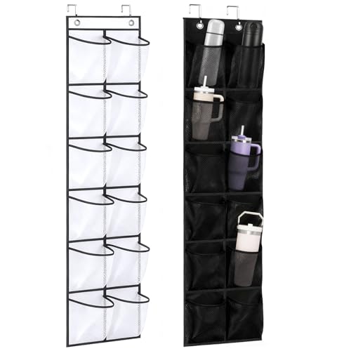 2-Pack Over The Door Water Bottle Organizer, 12 Pockets Each – Dual Color (Black & White) Foldable Wall-Mounted Cup Holder for Stanley Cups, Kitchen Cabinet, Pantry & RV Storage – Space Saving