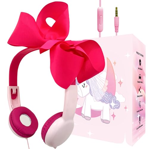 charlxee Priness Bots Wired Kids Headphones with Mic for School/Travel,95dB Volume Limited,Shareport,On/Over Ear Bow Headsets with Nylon Cable (Pink)