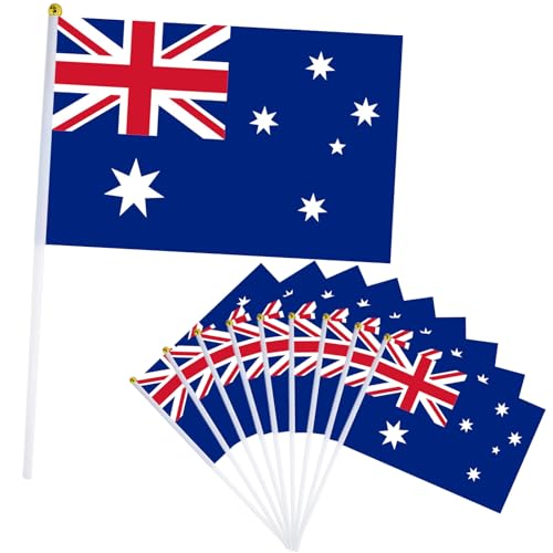 10er Australien Flagge Klein Australien Fahne 21x14cm,Oly Flagge Australien Handflagge Australien Fanartikel Mini Australiens Handgehaltene Flaggen für Oly Deko 2024,EM Fußball Party