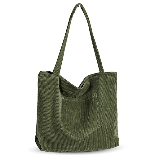 Etercycle Corduroy Tote Bag, Casual Shoulder Bag For Women Big Capacity Shopping Handbags Work Tote Bag With Zipper Pockets (Green) #TOP24