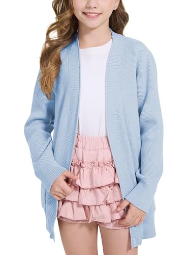 Image of WULFUL Girls Long Sleeve Cardigan Kids Casual Open Front Oversized Sweater with Pockets