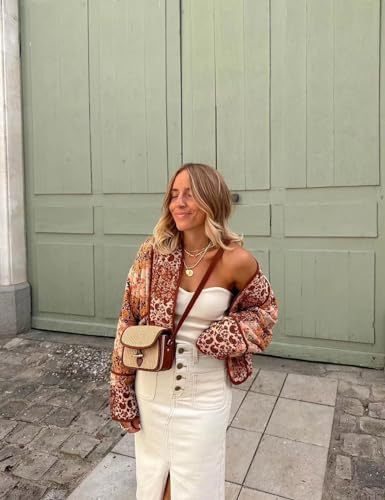 Perbai Womens Floral Cropped Quilted Jacket Lightweight Reversible Open Front Puffer Cardigan Coat3