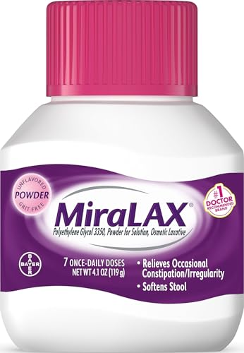 Image of MiraLAX Laxative Powder, Gentle Constipation Relief for Adults, Stool Softener with Peg 3350, Nonstimulant Laxative, No Harsh Side Effects, OsmoticLaxative, 7 Dose, 4.1 Ounce (Pack of 12)